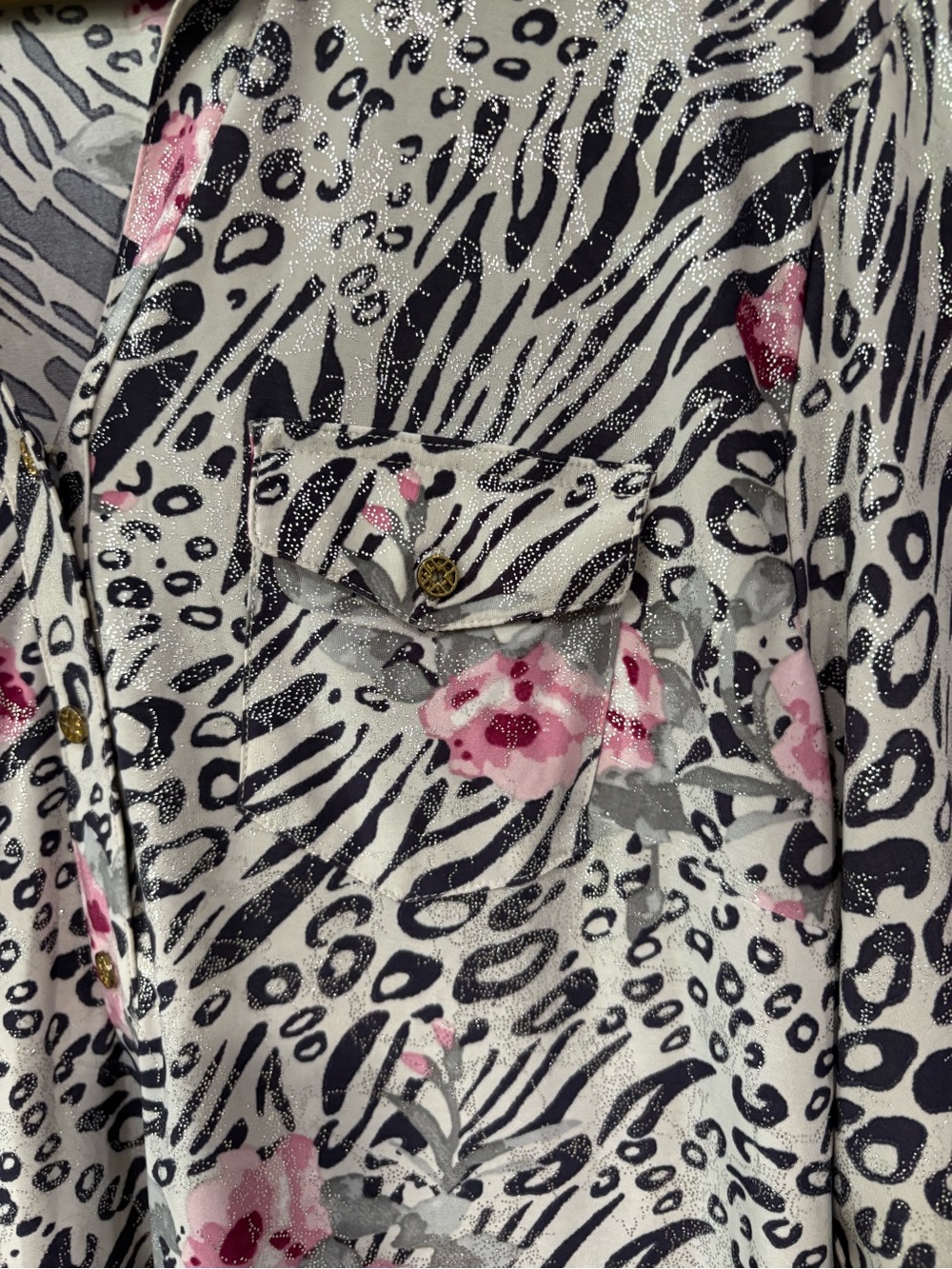 Navy Animal-Print 3-Button Front Top with Pink Floral and Silver Accents - Picture 3 of 8